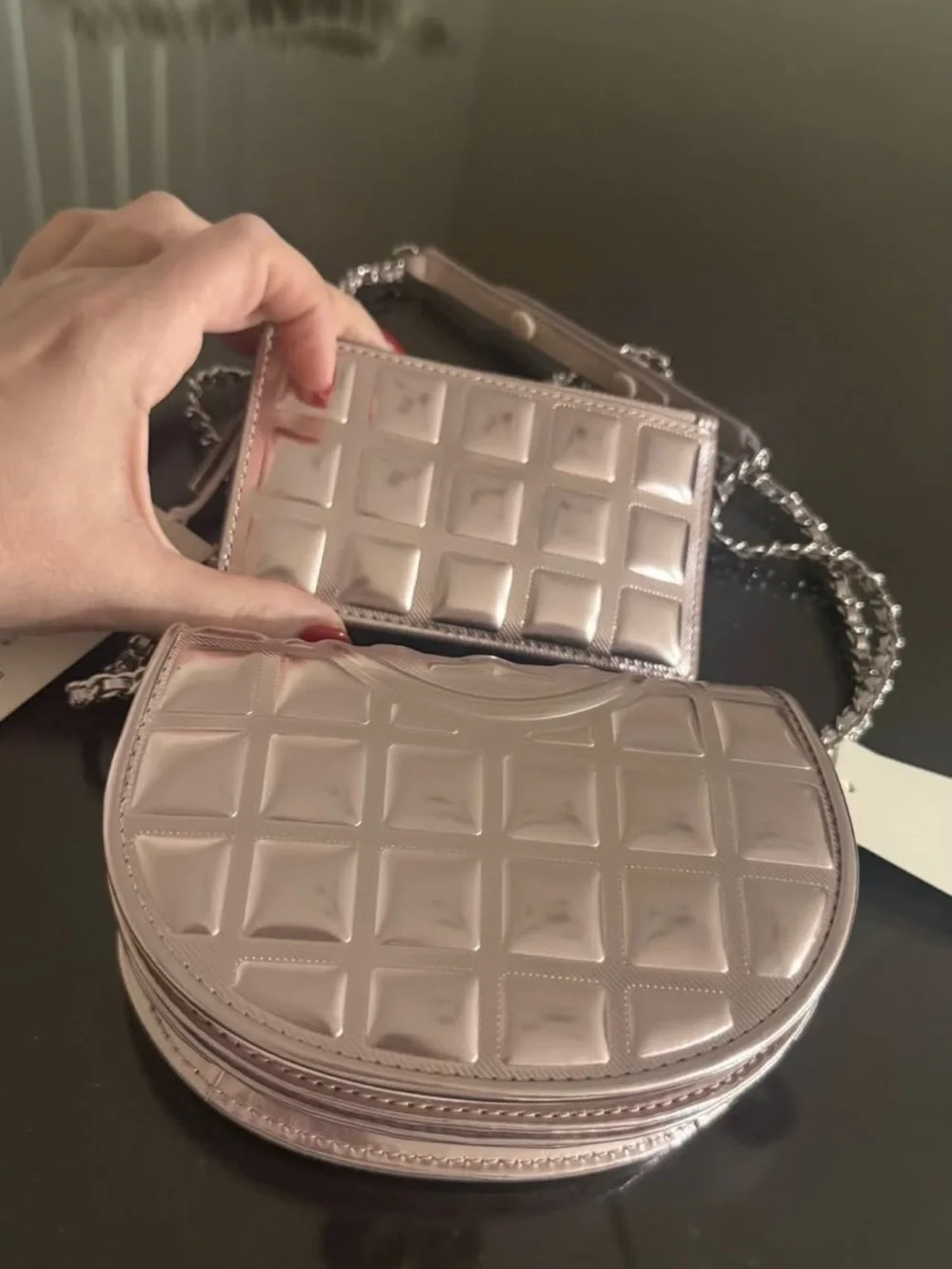 Tory Burch Fleming Metallic Square Quilt Set in Sparkle Pink (with card case)